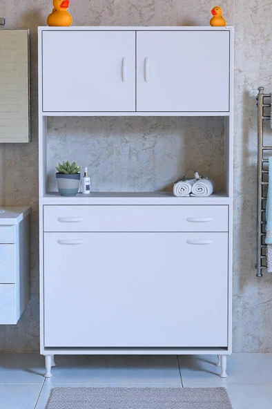 Eliusta  Seris Sepetli ve Çekmeceli Banyo Dolabı  G:90 cm Çok Amaçlı Beyaz Düzenleyici 90x173x32,5 cm Dolap ürün görseli 1