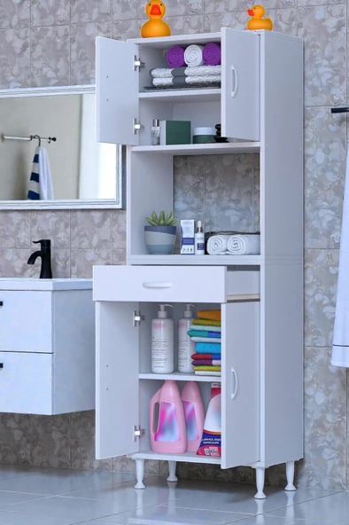 Eliusta  Nordi 4 Kapak 2 Raflı Beyaz Dolap 60x173x32,5 cm Çekmeceli Çok Amaçlı Banyo/Mutfak Dolabı ürün görseli 1