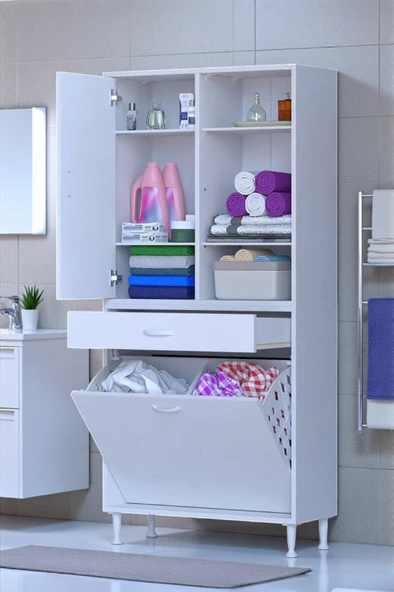 Eliusta  Mira Dolap 6 Bölme Çok Fonksiyonlu Banyo Dolabı 85 cm Beyaz Sepetli Dolap 85x171x32,5 cm Organizer ürün görseli 1