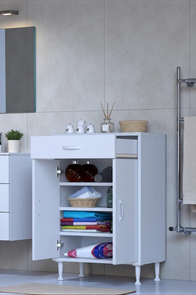 Eliusta  Rose 55 cm Beyaz 1 Çekmeceli Banyo Mutfak Dolabı 4 Bölmeli 3 Raflı Çok Amaçlı Dolap 55x88x32,5 cm ürün görseli 1