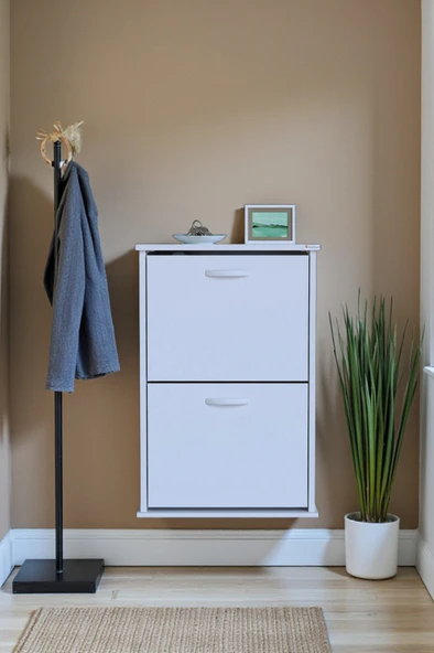 Eliusta  Holen Beyaz Renk Ayakkabılık 2 Düşer Kapak 52 cm Genişlik Kapı Önü Asma Ayakkabılık 52x74x26 cm - Resim 3