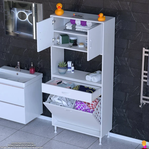 Eliusta  Seris Sepetli ve Çekmeceli Banyo Dolabı  G:70 cm Çok Amaçlı Beyaz Düzenleyici 70x173x32,5 cm Dolap - Resim 3