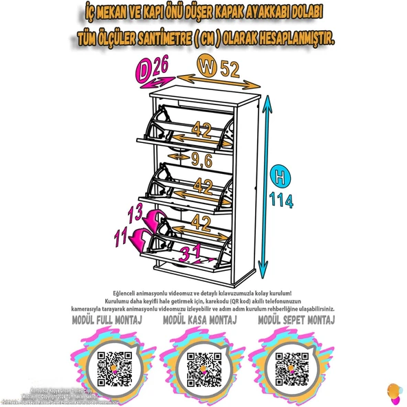 Eliusta  Soren 3 Düşer Kapaklı 52 cm Meşe Ayakkabılık 52x114x26 cm Asma 6 Bölmeli Ayakkabılık - Resim 2
