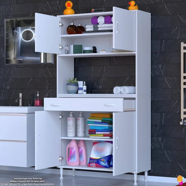 Eliusta  Nordi 4 Kapak 2 Raflı Beyaz Dolap 90x173x32,5 cm Çekmeceli Çok Amaçlı Banyo/Mutfak Dolabı - Resim 3