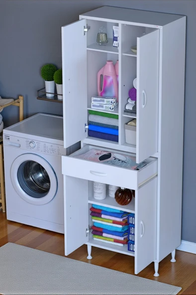 Eliusta  Line Beyaz 60 cm Banyo Dolabı Çok Bölmeli Banyo Düzenleyici Dolap 4 Kapaklı 4 Raflı 60x173x32,5 cm ürün görseli 1