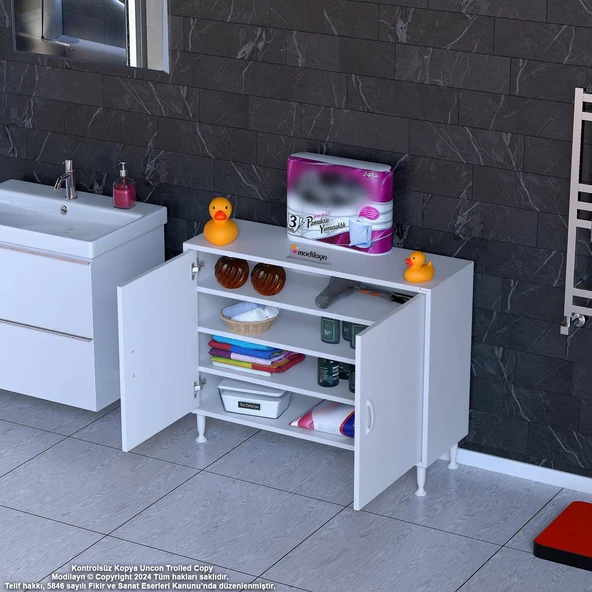 Eliusta  Nirat 90 cm 4 Bölmeli Beyaz Banyo Mutfak Dolabı 3 Raflı Kapaklı Çok Amaçlı Dolap 90x75x32,5 cm - Resim 3