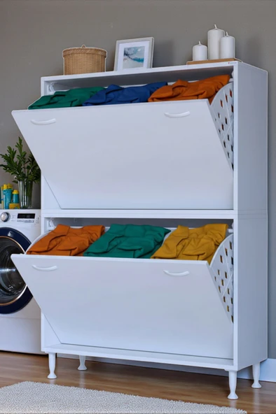 Eliusta  Veluna 100 cm Kirli Çamaşır Sepetli Dolap Banyo Dolabı Beyaz 100x173x32,5 cm 6 Sepetli Dolap ürün görseli 1