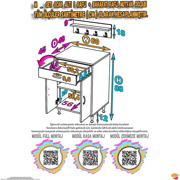 Eliusta  Liva Baharat Raflı 60 cm Çekmeceli Ankastre Mutfak Dolabı Çok Amaçlı Dolap 60x88x48 cm Beyaz Dolap - Resim 2