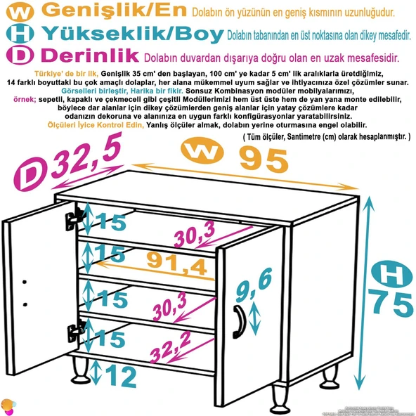 Eliusta  Nirat 95 cm 4 Bölmeli Beyaz Banyo Mutfak Dolabı 3 Raflı Kapaklı Çok Amaçlı Dolap 95x75x32,5 cm - Resim 2