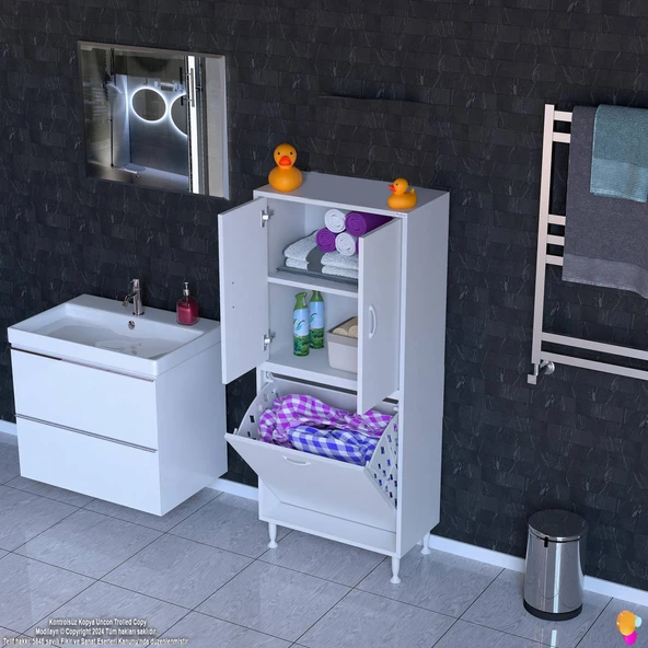 Eliusta  Miretta Üst Bölme Kapaklı Altı Kirli Sepetli Dolap 65 cm Genişlik Beyaz 65x138x32,5 cm Dolap - Resim 3