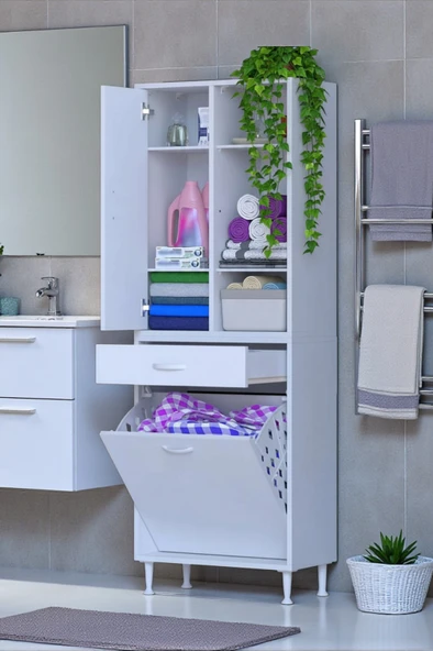 Eliusta  Mira Dolap 6 Bölme Çok Fonksiyonlu Banyo Dolabı 55 cm Beyaz Sepetli Dolap 55x171x32,5 cm Organizer ürün görseli 1