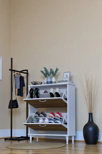 Eliusta  Antrex 72 cm Ceviz 2 Düşer Kapaklı Ayakkabılık 72x90x26 cm Ayaklı 4 Bölmeli Ayakkabılık - Resim 3