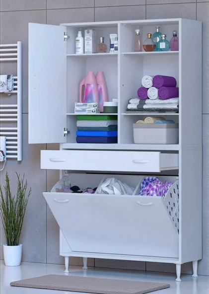 Eliusta  Mira Dolap 6 Bölme Çok Fonksiyonlu Banyo Dolabı 100 cm Beyaz Sepetli Dolap 100x171x32,5 cm Organizer ürün görseli 1