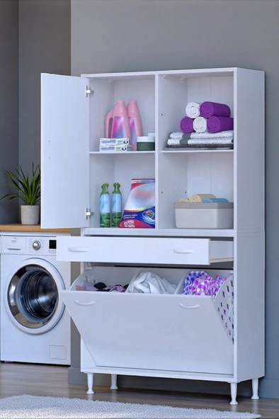 Eliusta  Liora Beyaz Çok Amaçlı Banyo Dolabı 95 cm Genişliğe Sahip 95x171x32,5 cm Üç Sepetli 2 Raflı Dolap ürün görseli 1