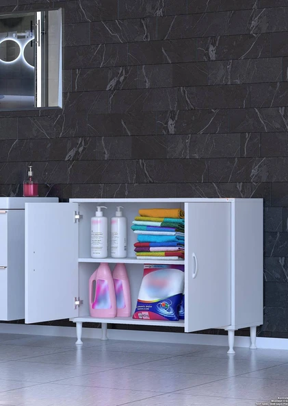 Eliusta  Arden 95 cm Beyaz 2 Bölmeli Banyo Düzenleyici Dolap 1 Raflı Çok Amaçlı Mutfak Dolabı 95x75x32,5 cm - Resim 3