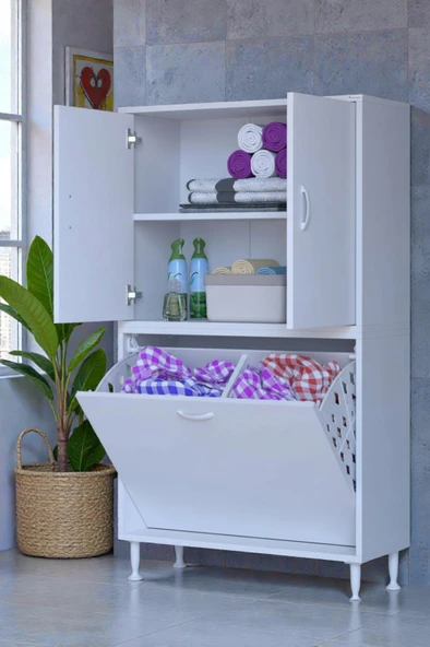 Eliusta  Miretta Üst Bölme Kapaklı Altı Kirli Sepetli Dolap 70 cm Genişlik Beyaz 70x138x32,5 cm Dolap ürün görseli 1