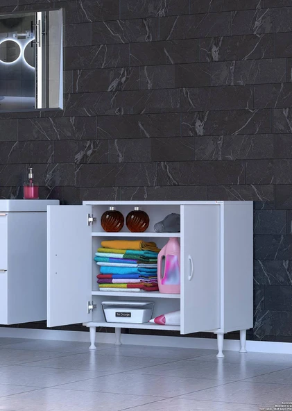 Eliusta  Sabir 80 cm 2 Raflı Beyaz Banyo Mutfak Dolabı 3 Bölmeli Çok Amaçlı Dolap 80x75x32,5 cm Düzenleyici - Resim 3