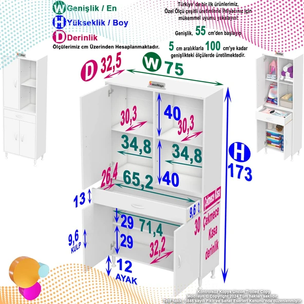 Eliusta  Vellum Beyaz Dolap 75x173x32,5 cm Ebatlarında Çok Fonksiyonlu 75 cm Genişlikte Banyo Dolabı - Resim 2
