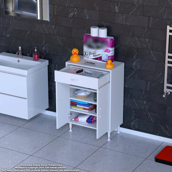 Eliusta  Rose 55 cm Beyaz 1 Çekmeceli Banyo Mutfak Dolabı 4 Bölmeli 3 Raflı Çok Amaçlı Dolap 55x88x32,5 cm - Resim 3