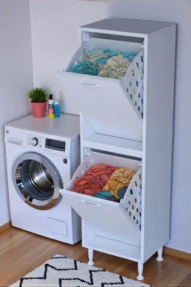 Eliusta  Veluna 35 cm Kirli Çamaşır Sepetli Dolap Banyo Dolabı Beyaz 35x173x32,5 cm 2 Sepetli Dolap ürün görseli 1