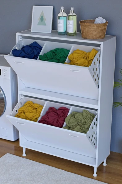 Eliusta  Veluna 95 cm Kirli Çamaşır Sepetli Dolap Banyo Dolabı Beyaz 95x173x32,5 cm 6 Sepetli Dolap ürün görseli 1