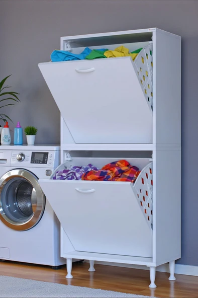 Eliusta  Veluna 55 cm Kirli Çamaşır Sepetli Dolap Banyo Dolabı Beyaz 55x173x32,5 cm 2 Sepetli Dolap ürün görseli 1