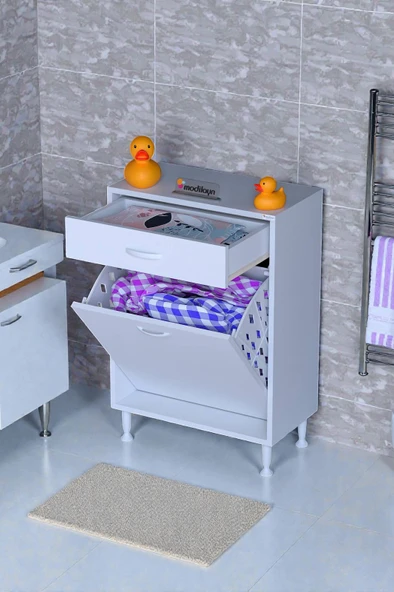 Eliusta  Asil 55 cm Kirli Çamaşır Sepetli Banyo Dolabı 1 Çekmeceli Mutfak Çok Amaçlı Dolap 55x88x32,5 cm ürün görseli 1