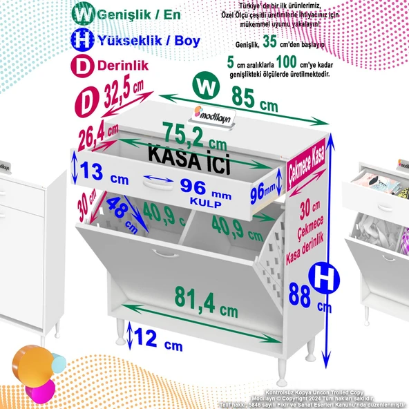 Eliusta  Asil 85 cm Kirli Çamaşır Sepetli Banyo Dolabı 1 Çekmeceli Mutfak Çok Amaçlı Dolap 85x88x32,5 cm - Resim 2