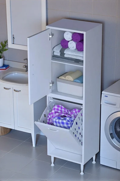 Eliusta  Miretta Üst Bölme Kapaklı Altı Kirli Sepetli Dolap 35 cm Genişlik Beyaz 35x138x32,5 cm Dolap ürün görseli 1