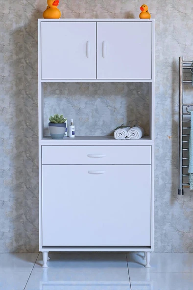 Eliusta  Seris Sepetli ve Çekmeceli Banyo Dolabı  G:75 cm Çok Amaçlı Beyaz Düzenleyici 75x173x32,5 cm Dolap ürün görseli 1