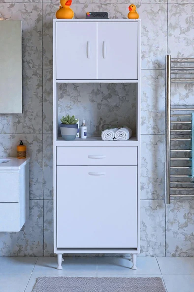 Eliusta  Seris Sepetli ve Çekmeceli Banyo Dolabı  G:60 cm Çok Amaçlı Beyaz Düzenleyici 60x173x32,5 cm Dolap ürün görseli 1