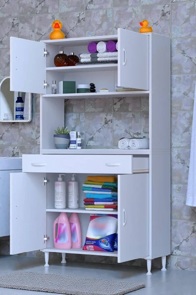 Eliusta  Nordi 4 Kapak 2 Raflı Beyaz Dolap 90x173x32,5 cm Çekmeceli Çok Amaçlı Banyo/Mutfak Dolabı ürün görseli 1