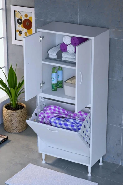 Eliusta  Miretta Üst Bölme Kapaklı Altı Kirli Sepetli Dolap 60 cm Genişlik Beyaz 60x138x32,5 cm Dolap ürün görseli 1