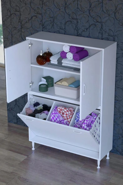 Eliusta  Miretta Üst Bölme Kapaklı Altı Kirli Sepetli Dolap 90 cm Genişlik Beyaz 90x138x32,5 cm Dolap ürün görseli 1