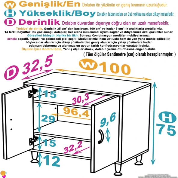 Eliusta  Sabir 100 cm 2 Raflı Beyaz Banyo Mutfak Dolabı 3 Bölmeli Çok Amaçlı Dolap 100x75x32,5 cm Düzenleyici - Resim 2