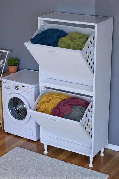 Eliusta  Veluna 65 cm Kirli Çamaşır Sepetli Dolap Banyo Dolabı Beyaz 65x173x32,5 cm 2 Sepetli Dolap ürün görseli 1