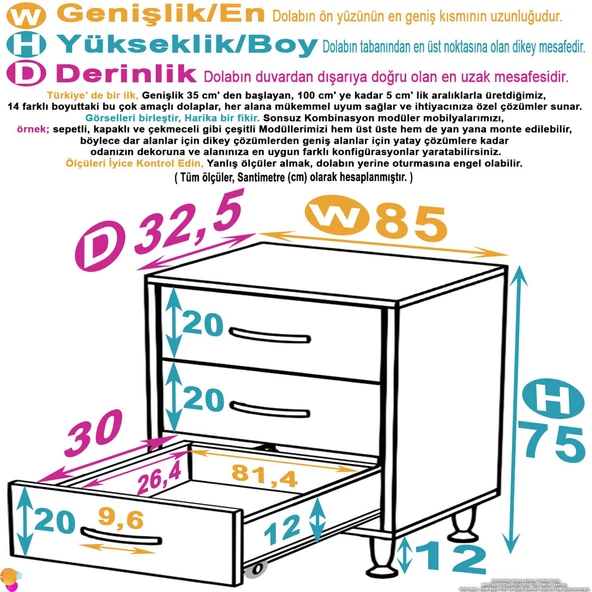 Eliusta  Seçer 3 Çekmeceli 85 cm Banyo ve Mutfak Dolabı Beyaz 85x75x32,5 cm Çok Amaçlı Organizer Dolap - Resim 2