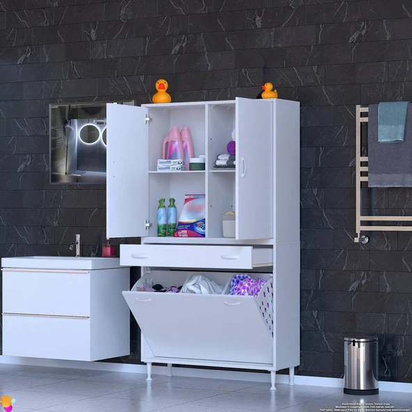 Eliusta  Pine 100 cm Genişlikte Dolap 100x171x32,5 cm  Banyo/Mutfak Dolabı İki Kapaklı Sepetli Dolap - Resim 3