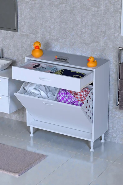 Eliusta  Asil 75 cm Kirli Çamaşır Sepetli Banyo Dolabı 1 Çekmeceli Mutfak Çok Amaçlı Dolap 75x88x32,5 cm ürün görseli 1