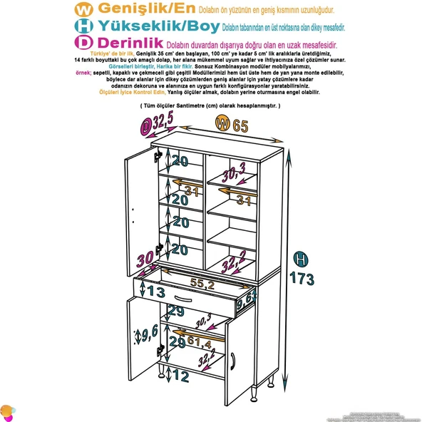 Eliusta  Nexa Modüler Dolap  65 Cm Banyo/Mutfak Dolabı Extra Kullanım Alanlı 65x173x32,5 cm Beyaz Dolap - Resim 2