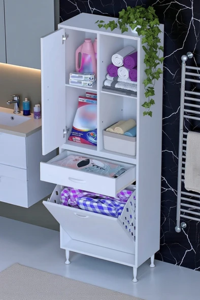 Eliusta  Liora Beyaz Çok Amaçlı Banyo Dolabı 55 cm Genişliğe Sahip 55x171x32,5 cm Tek Sepetli 2 Raflı Dolap ürün görseli 1