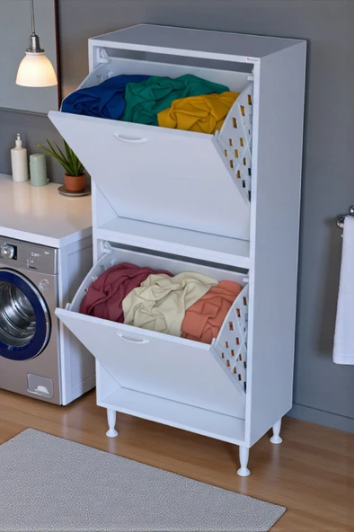 Eliusta  Veluna 60 cm Kirli Çamaşır Sepetli Dolap Banyo Dolabı Beyaz 60x173x32,5 cm 2 Sepetli Dolap ürün görseli 1