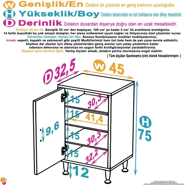 Eliusta  Nirat 45 cm 4 Bölmeli Beyaz Banyo Mutfak Dolabı 3 Raflı Kapaklı Çok Amaçlı Dolap 45x75x32,5 cm - Resim 2
