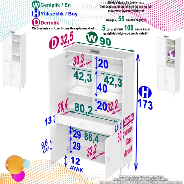 Eliusta  Rivo 4 Raflı Banyo/Mutfak Dolabı 90 cm Beyaz Renkli  Çok Amaçlı Dolap 90x173x32,5 cm Ebatlarında - Resim 2