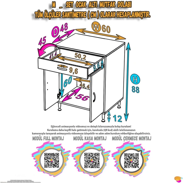 Eliusta  Lumin Tüp Yuvalı 60 cm Ankastre Ocak Altı Dolap 60x88x48 cm Beyaz Dolap Çekmeceli Mutfak Organizeri - Resim 2