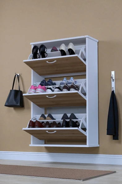 Eliusta  Farel 72 cm Genişlik 3 Kapaklı Ayakkabılık 72x114x26 cm  Meşe Renk Kapı Önü/Antre Ayakkabılık - Resim 3