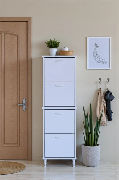 Eliusta  Elenio 52 cm Genişlik Beyaz Renk Ayaklı 4 Kapaklı Ayakkabılık 52x168x26 cm Ayakkabılık - Resim 3