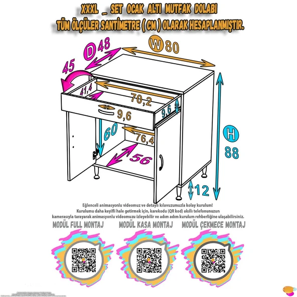 Eliusta  Lumin Tüp Yuvalı 80 cm Ankastre Ocak Altı Dolap 80x88x48 cm Beyaz Dolap Çekmeceli Mutfak Organizeri - Resim 2