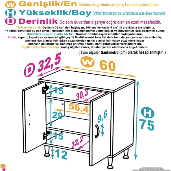 Eliusta  Sabir 60 cm 2 Raflı Beyaz Banyo Mutfak Dolabı 3 Bölmeli Çok Amaçlı Dolap 60x75x32,5 cm Düzenleyici - Resim 2