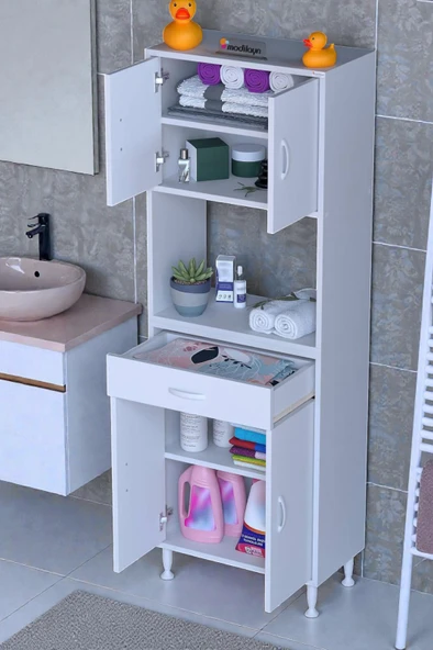 Eliusta  Nordi 4 Kapak 2 Raflı Beyaz Dolap 55x173x32,5 cm Çekmeceli Çok Amaçlı Banyo/Mutfak Dolabı ürün görseli 1